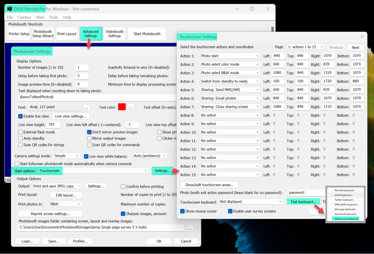 Screenshot showing how to add a survey keyboard (Breeze DLSR Remote Pro)