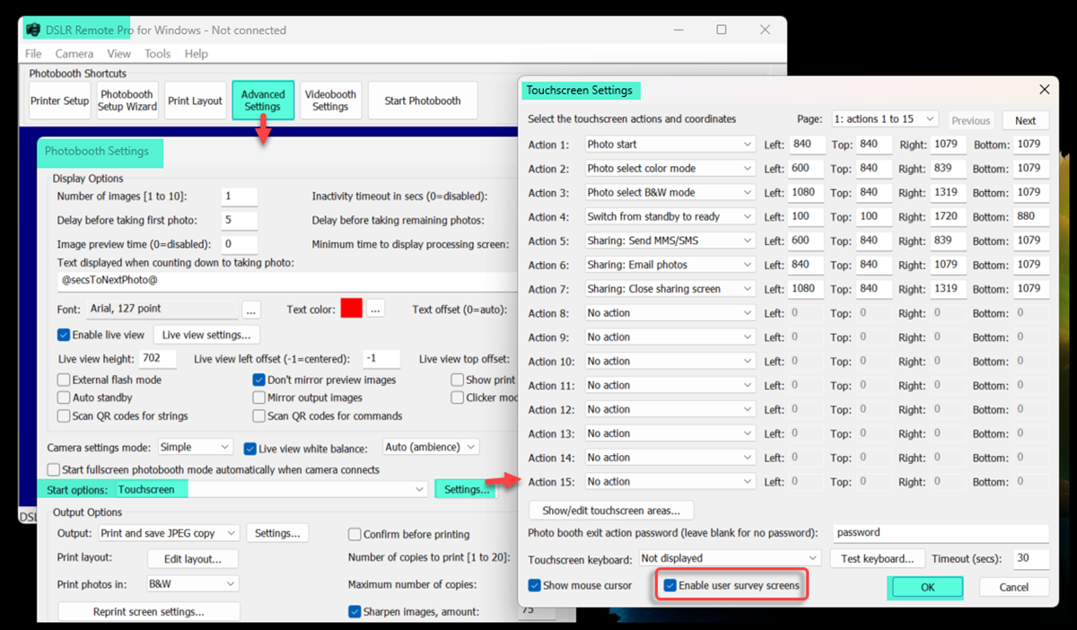 Screenshot showing how to enable user survey screens (Breeze DSLR Remote Pro)